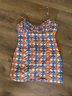Maeve Blue & Orange Geometric Ruched Bust Mini Dress